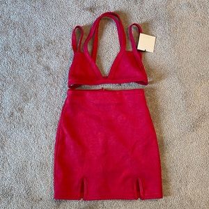 revolve super down red skirt set